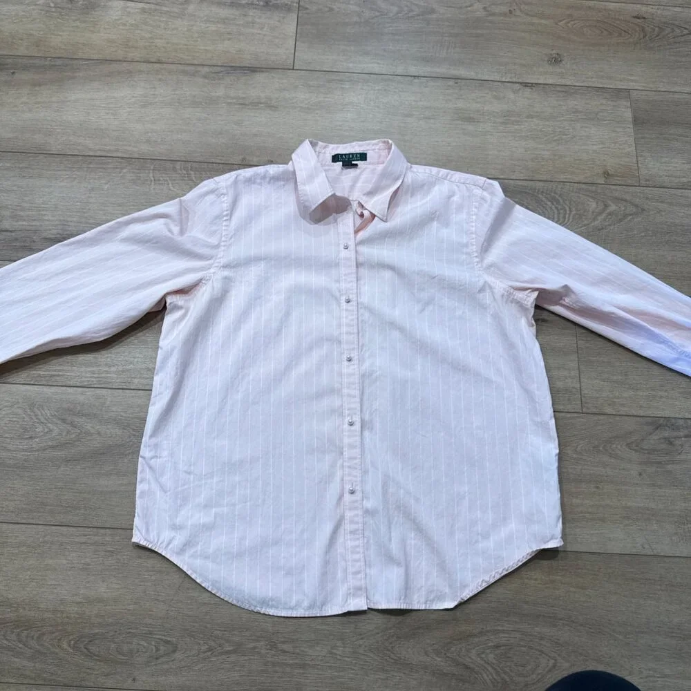 Lauren Ralph Lauren Women’s Pink Pin Stripe Pearl Button Down Collar Shirt Sz XL - Picture 8 of 12
